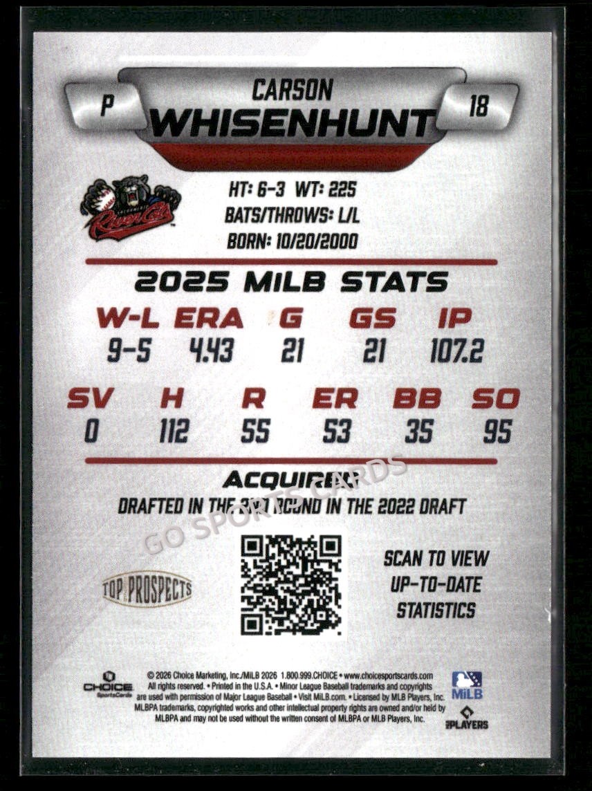 2026 AAA Top Prospects Sacramento River Cats Carson Whisenhunt RC Rookie Giants