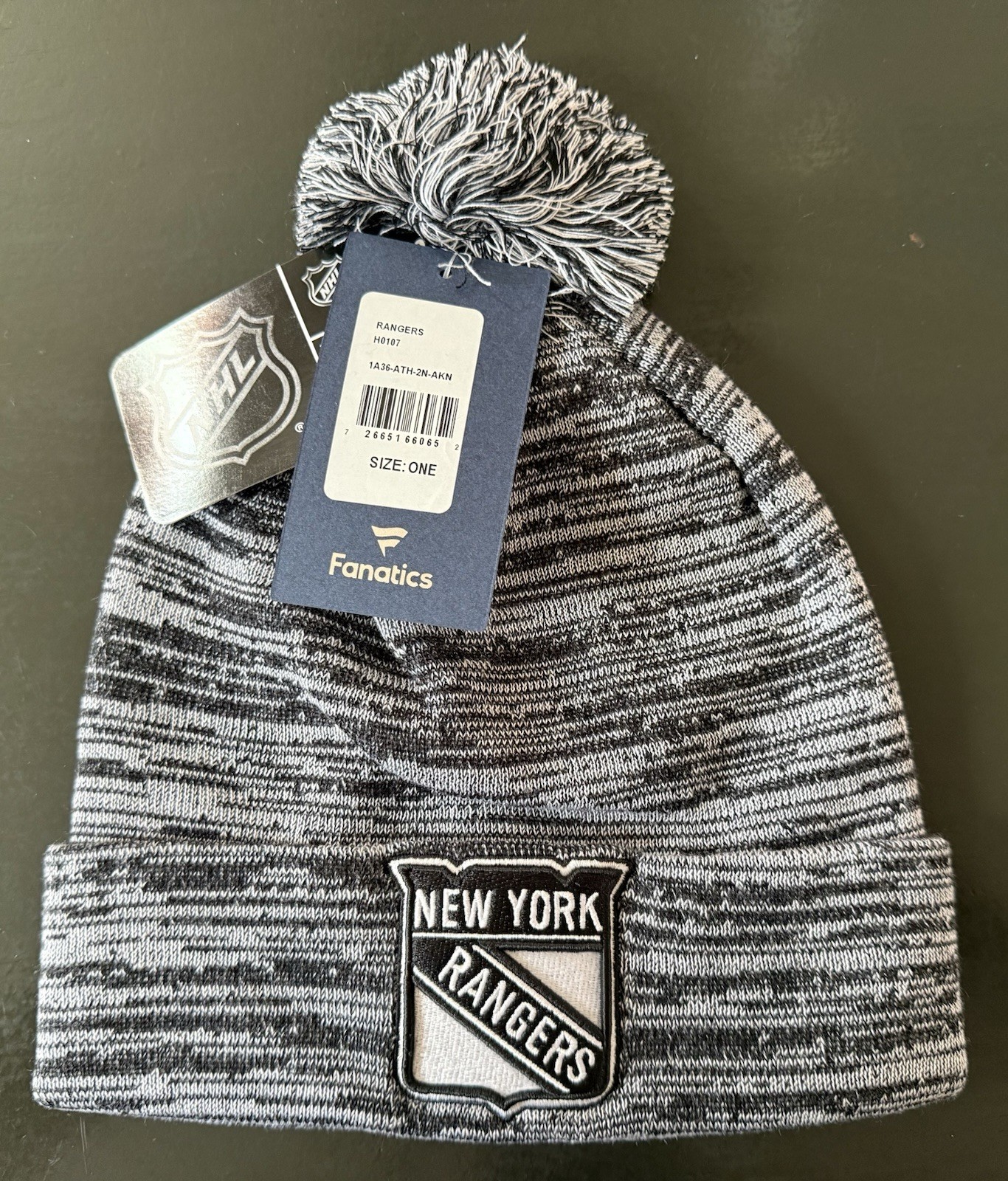 Fanatics New York Rangers Winter Pom Hat/Beanie (Black/White/Grey) NEW WITH TAGS