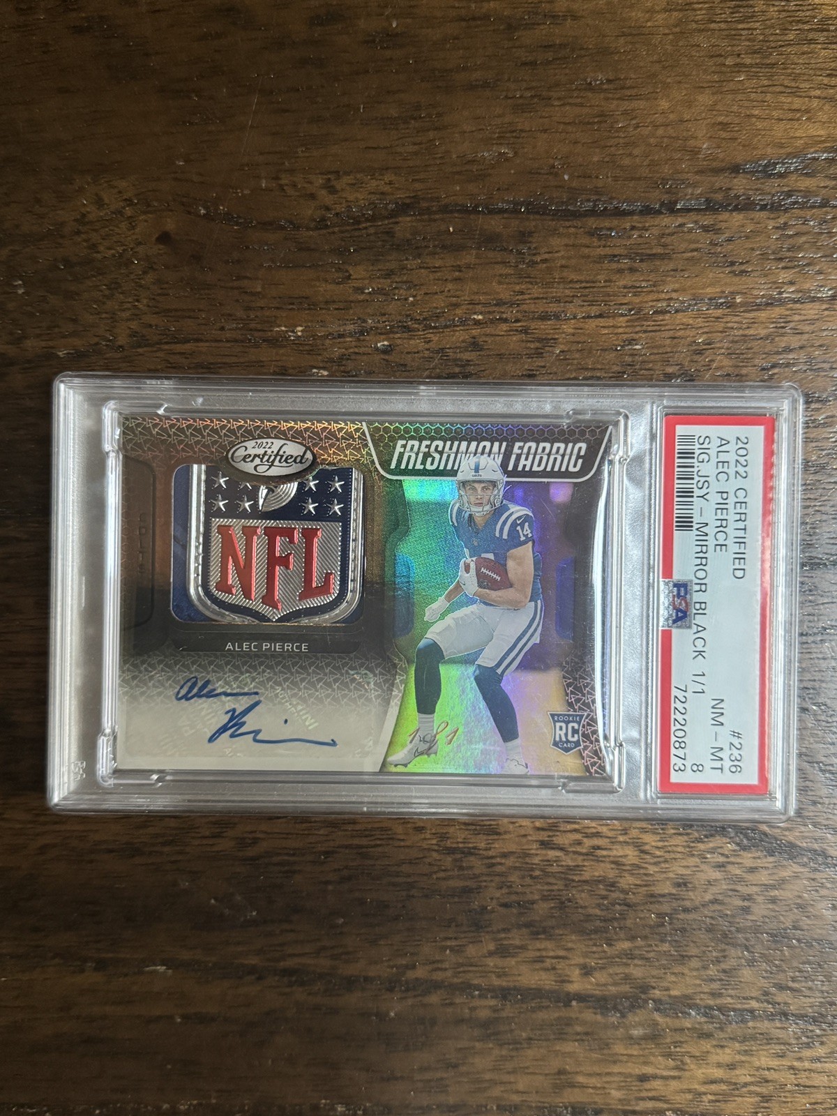 2022 Panini Certified Black 1/1 Freshman Fabric ALEC PIERCE RPA NFL SHIELD PSA 8