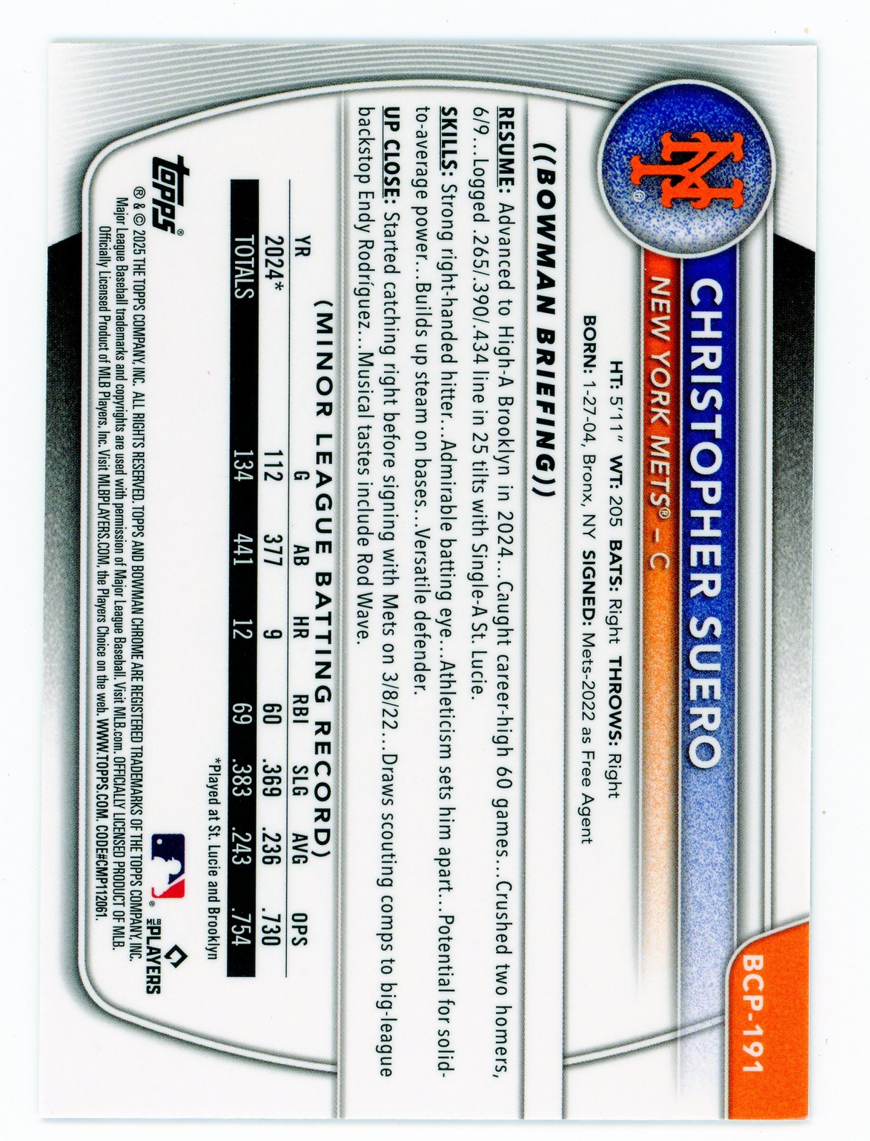 2025 Bowman Chrome Prospects Christopher Suero RC Rookie Card BCP-191 RC Mets