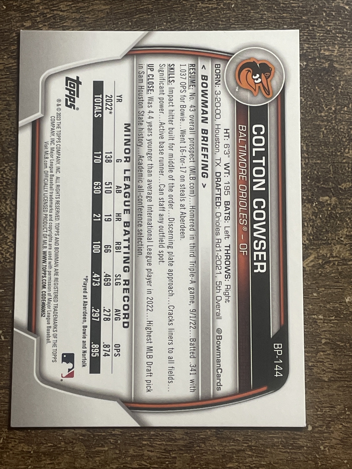 Colton Cowser 2023 Bowman Purple Pattern Paper Parallel /199