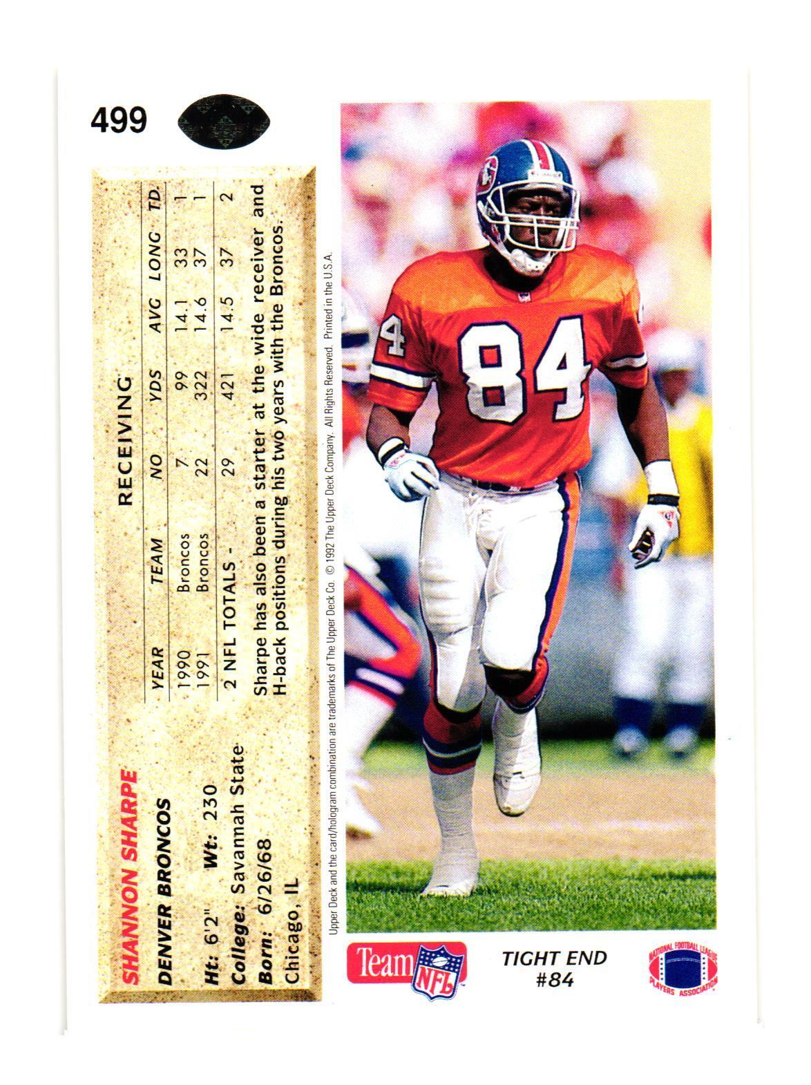 1992 Upper Deck #499 Shannon Sharpe Denver Broncos