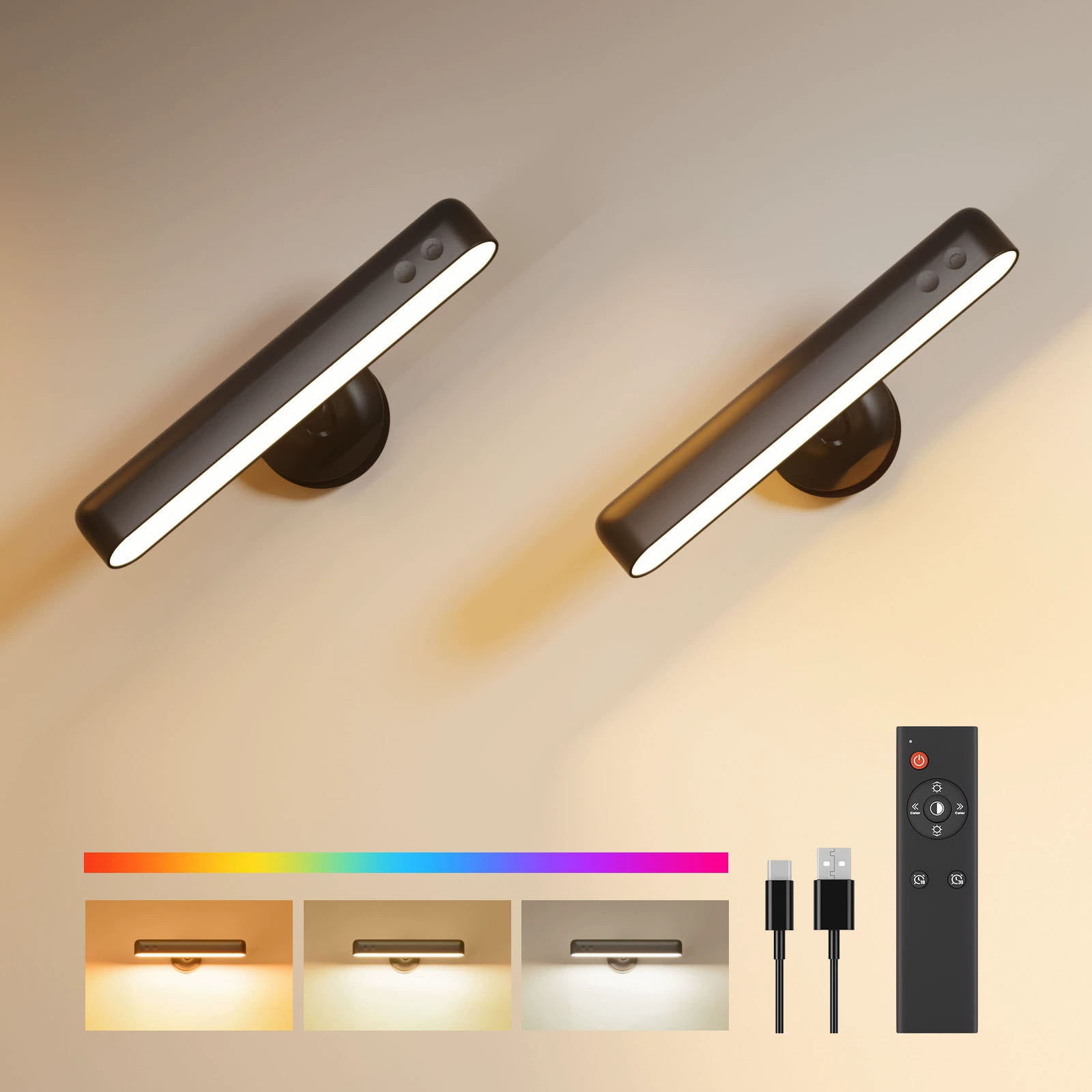 LED Wall Sconces Set of 2 Battery Operated Rechargeable Wall Lamp Wireless Light