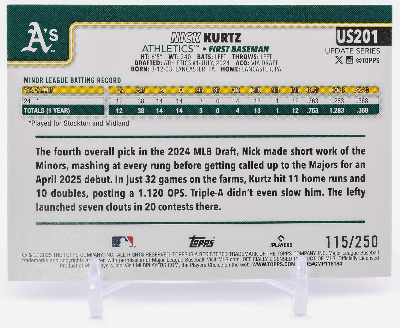 2025 Topps Update Series – Nick Kurtz – #US201 – Purple Refractor /250 – RC A’s