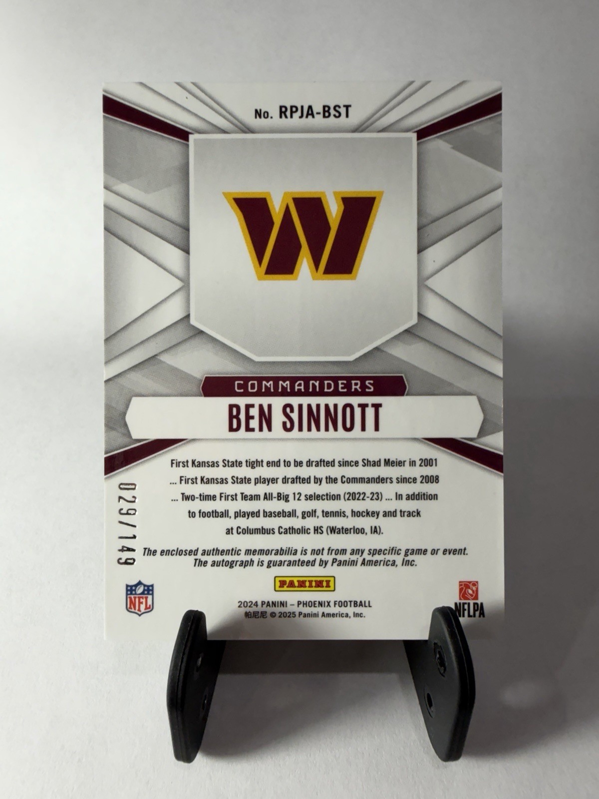 Panini 2024 Phoenix Ben Sinnott Commanders RC Auto Jersey Silver RPJA-BST /149