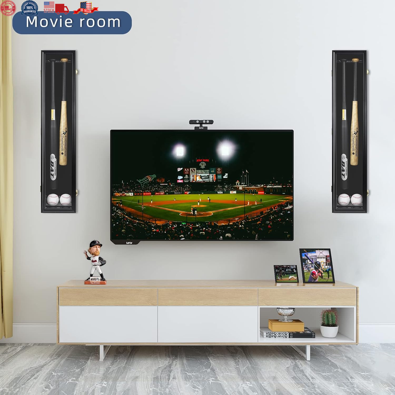 2 Baseball Bat Display Case Wooden Frame with Acrylic Transparent Door Holder