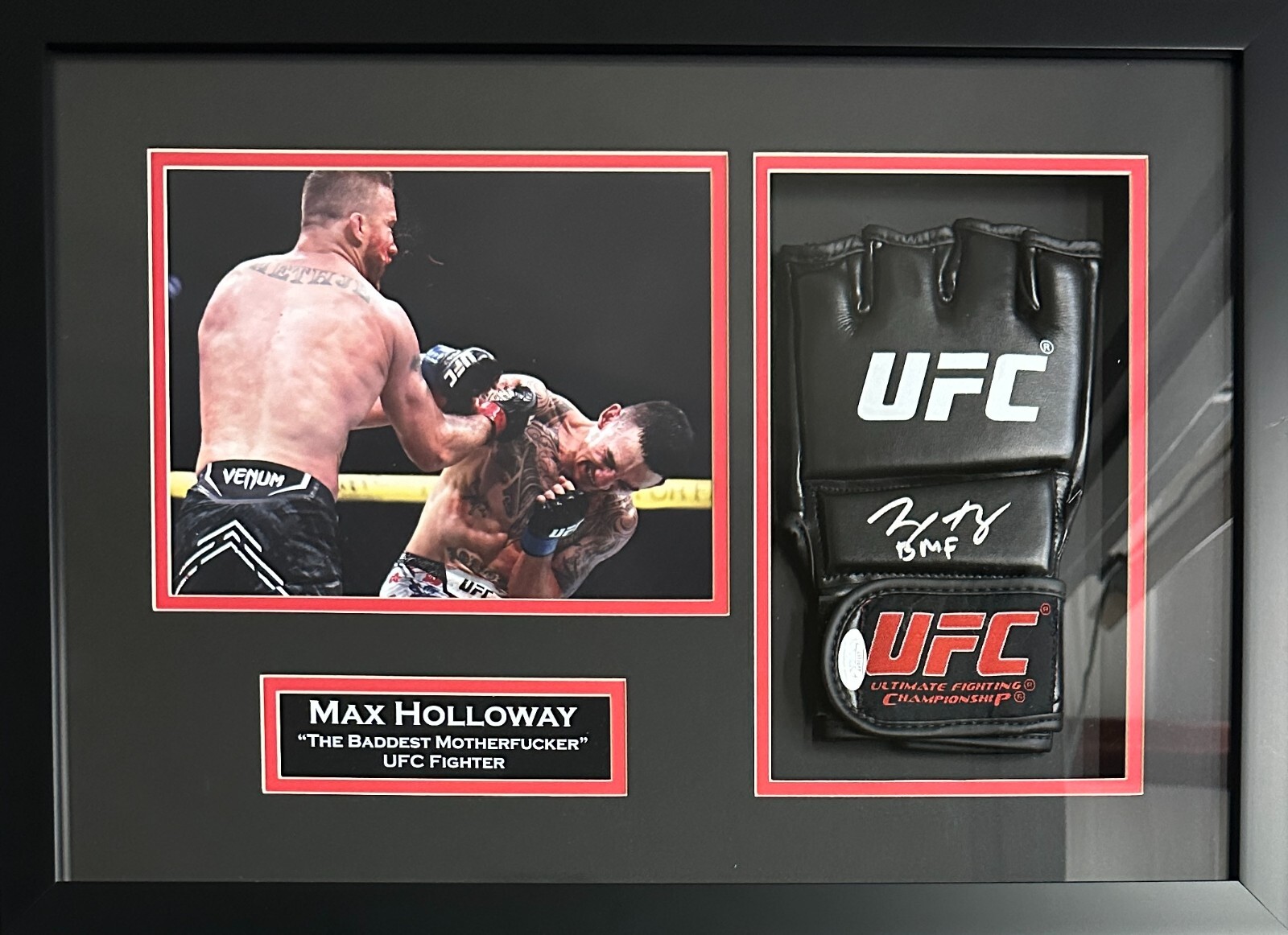 Max Holloway autographed inscribed signed framed glove UFC JSA Justin Gaethje
