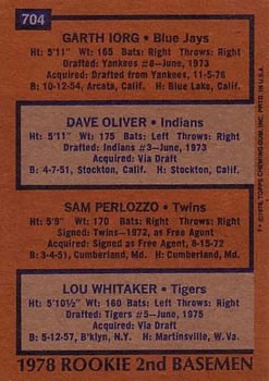 1978 Topps Rookie Second Basemen (Iorg / Oliver / Perlozzo / Whitaker) #704