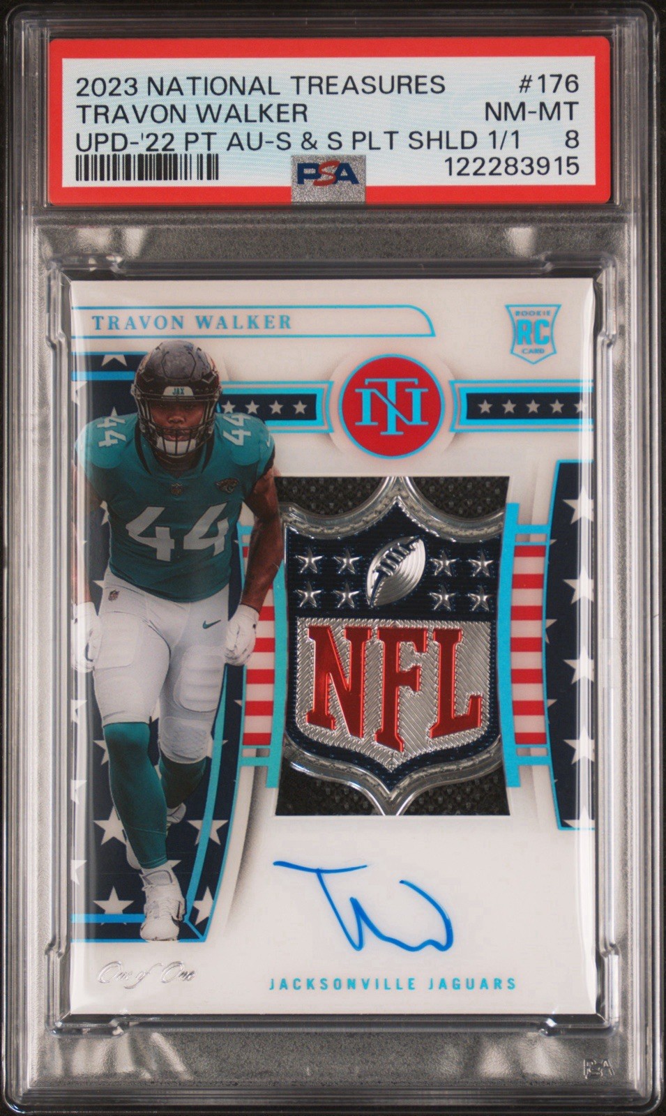 2022 National Treasures Travon Walker Stars & Stripes NFL Shield 1/1 Auto Psa 8