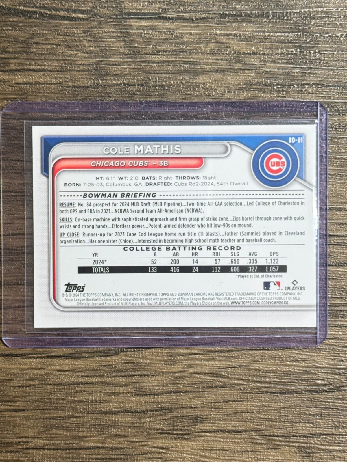 2024 Bowman Draft COLE MATHIS 1ST BOWMAN #BD-81 Cubs RC