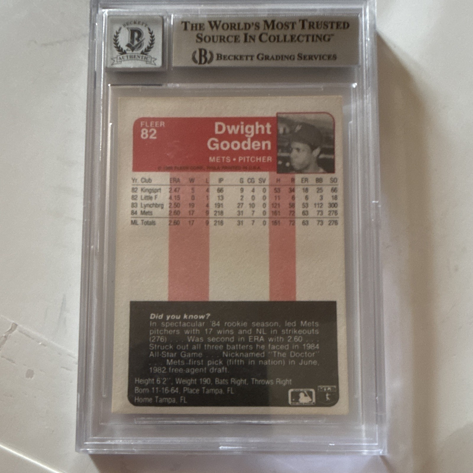 Fleer 1985 Fleer Dwight Gooden #82 Mets Hard Signed Auto BAS BGS Graded