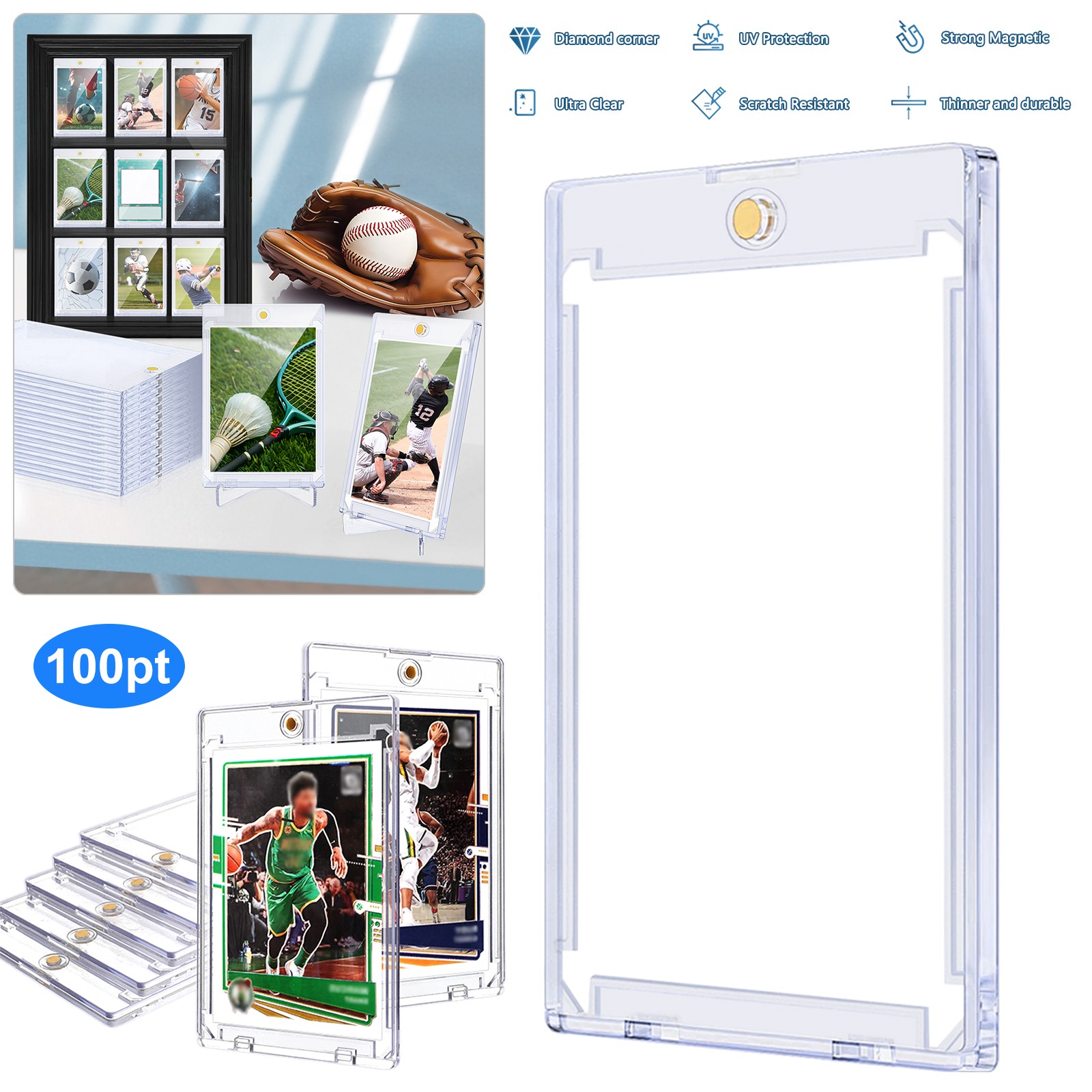 5PACK 100PT Magnetic Card Holders UV Protection for Sport Football Trading Cards