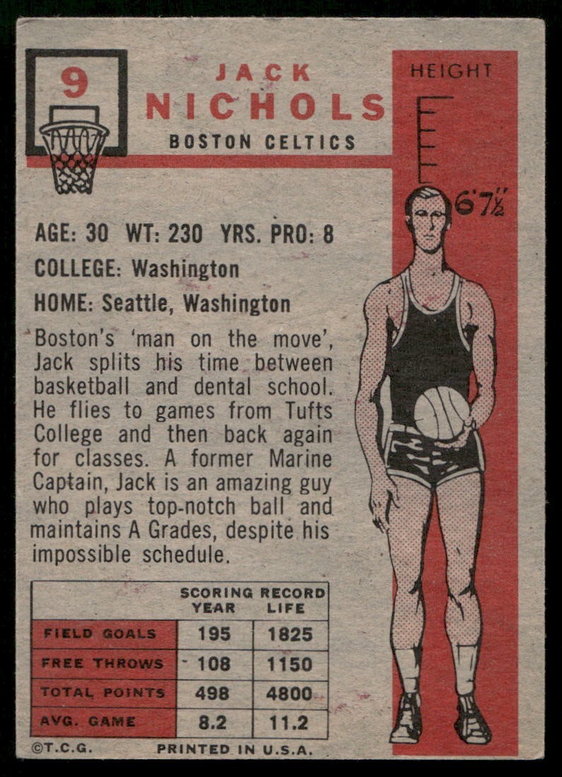 SOLID VG-EX+/- JACK NICHOLS 1957 TOPPS #9 UNCREASED NBA BOSTON CELTIC TPHLC-2016