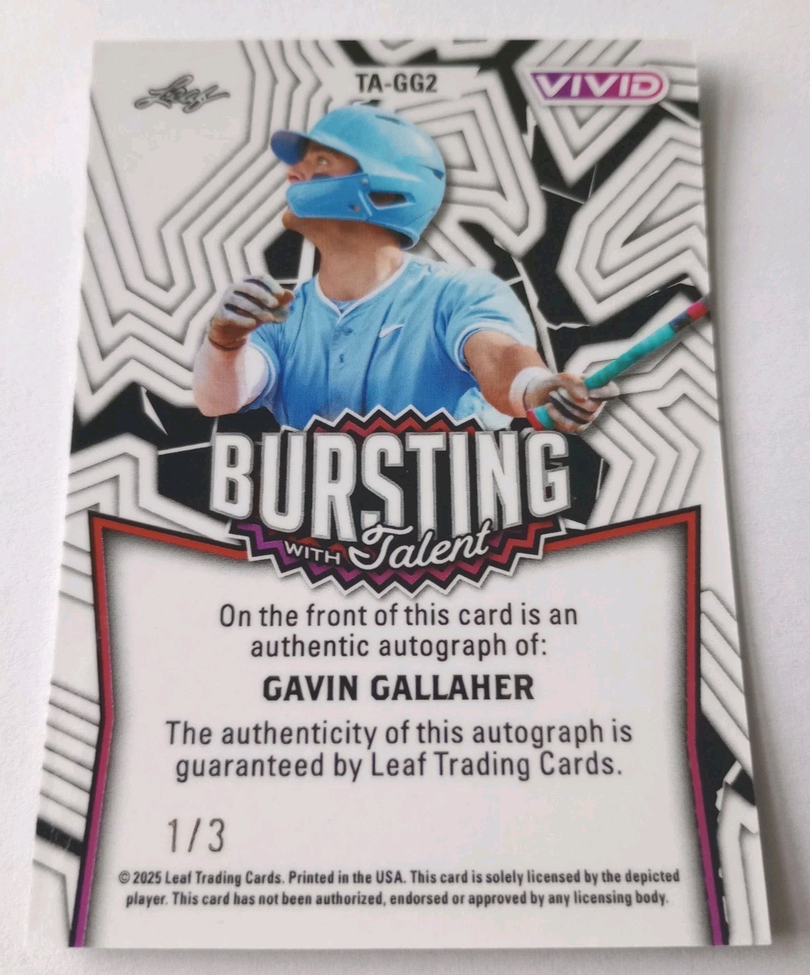 Gavin Gallaher 2025 Leaf Vivid Bursting with Talent Auto 1/3 North Carolina Star
