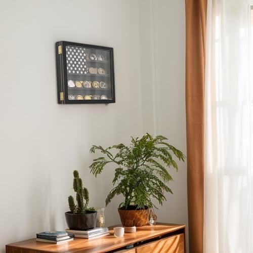 Wall Mounted Challenge Coin Display Stand with Acrylic Glass, Wooden Black