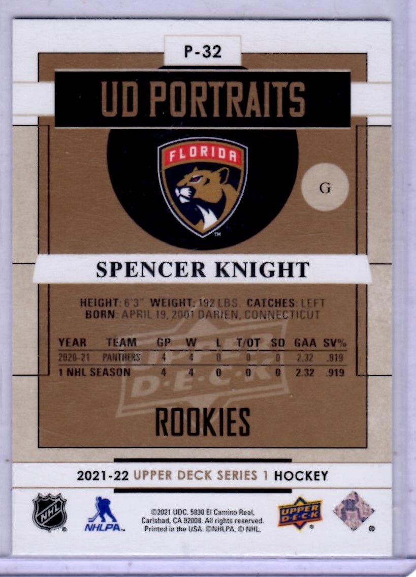 2021-22 Upper Deck Series 1 Spencer Knight Portraits Card # P-32