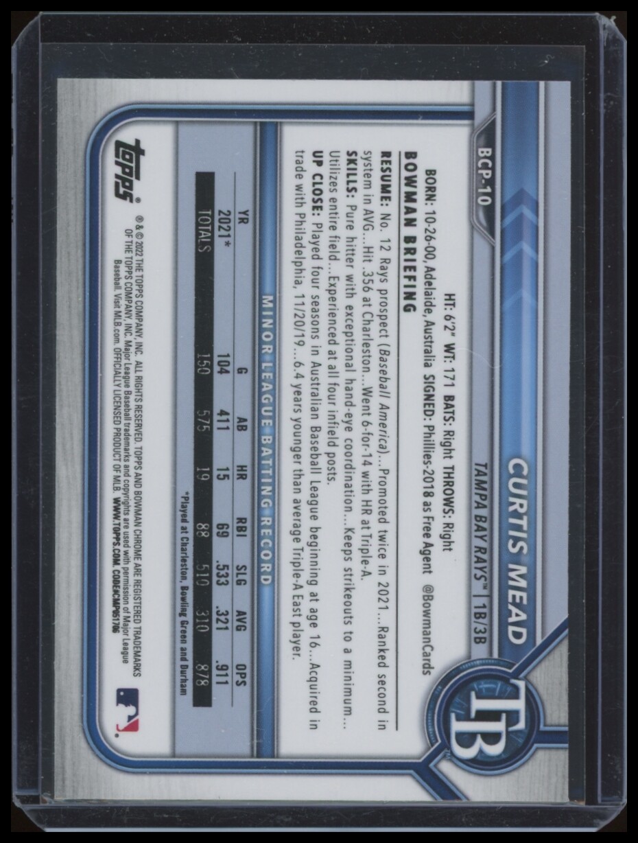 2022 Curtis Mead 1st Bowman Chrome Prospects #BCP-10 – TB Rays