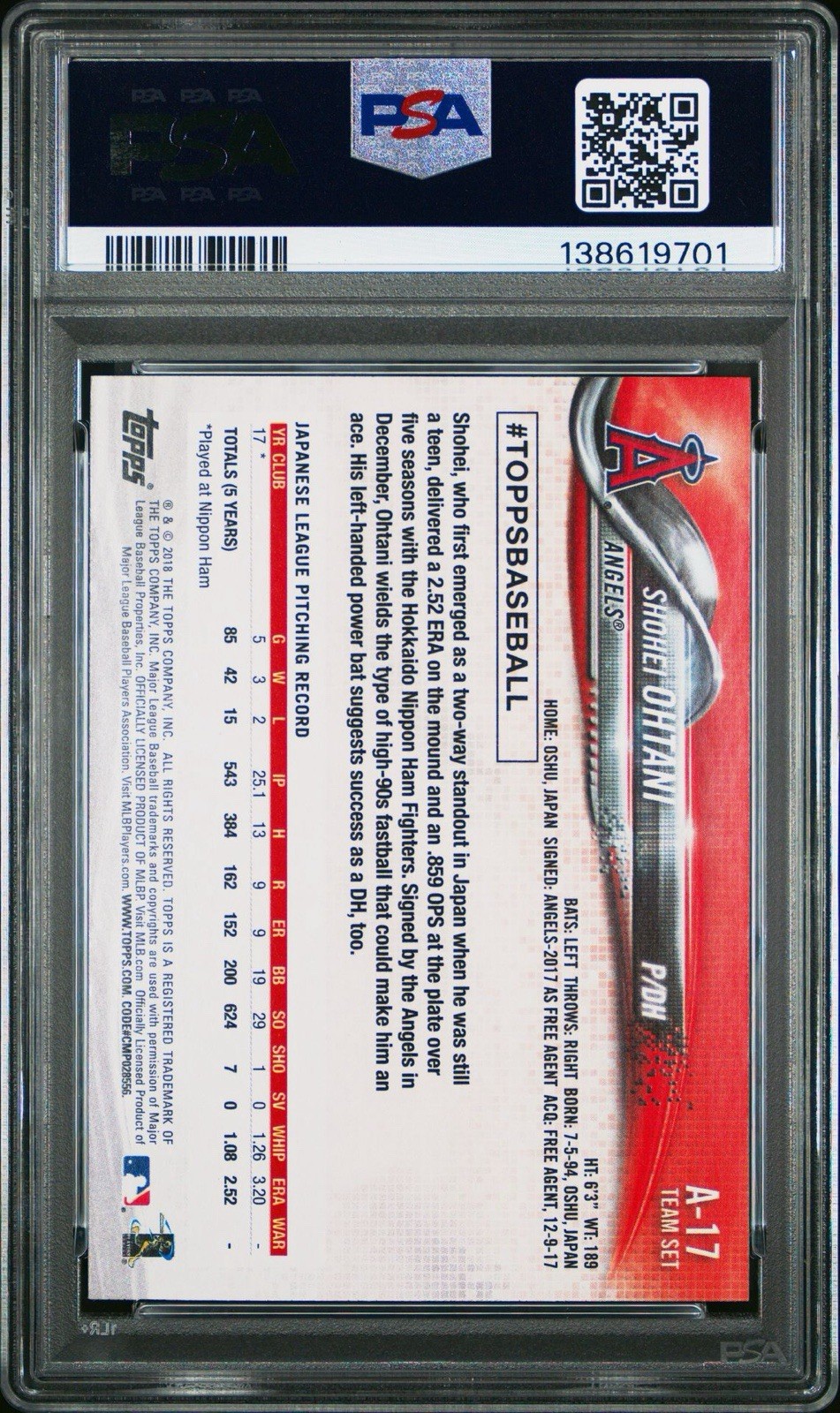 2018 TOPPS TEAM SET LOS ANGELES ANGELS #A-17 SHOHEI OHTANI RC PSA 8