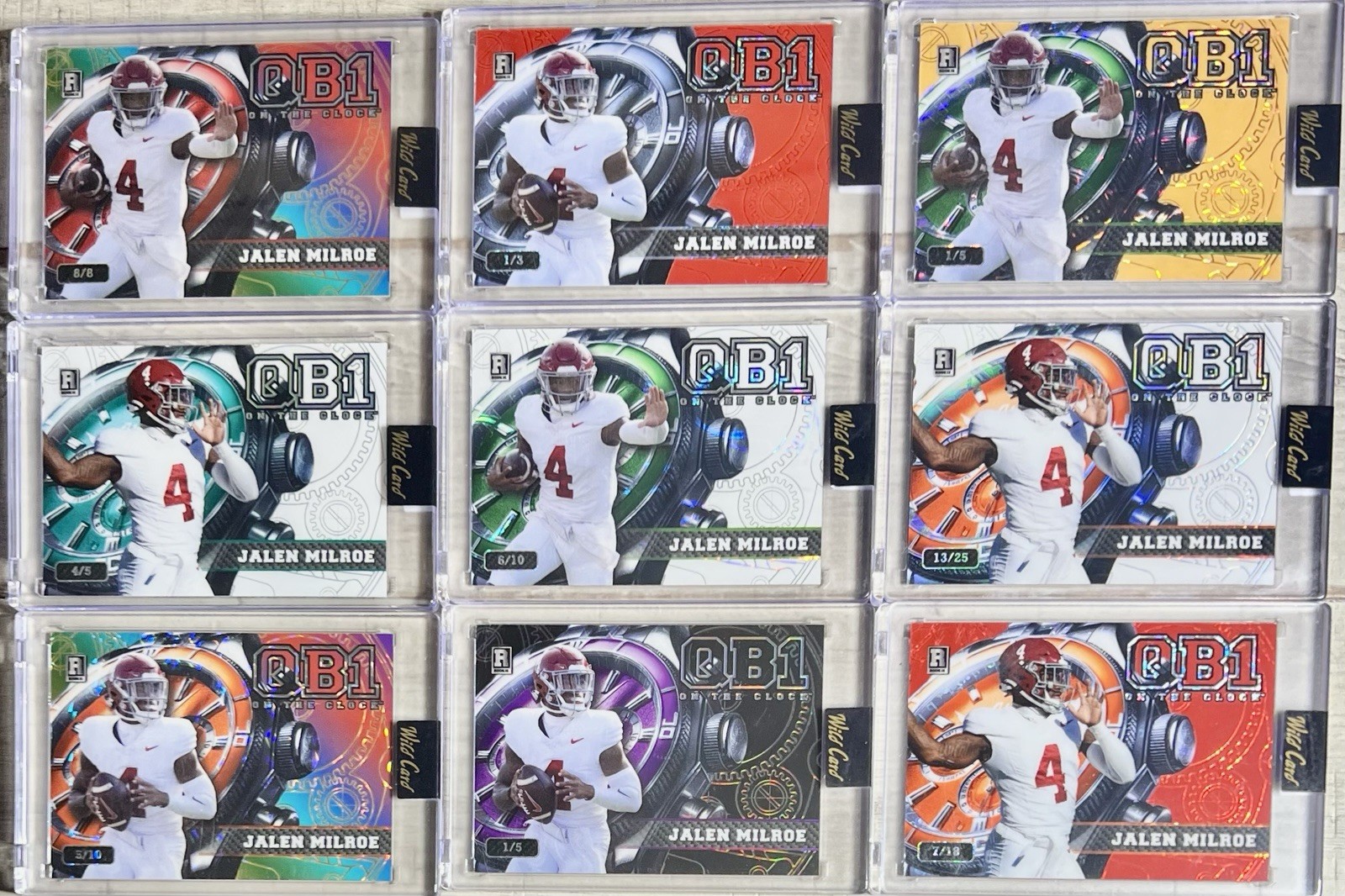 LOT OF 9 JALEN MILROE WILD CARD QB1 ON THE CLOCK /3, /5, /8, /10, /18, /25 RC SP
