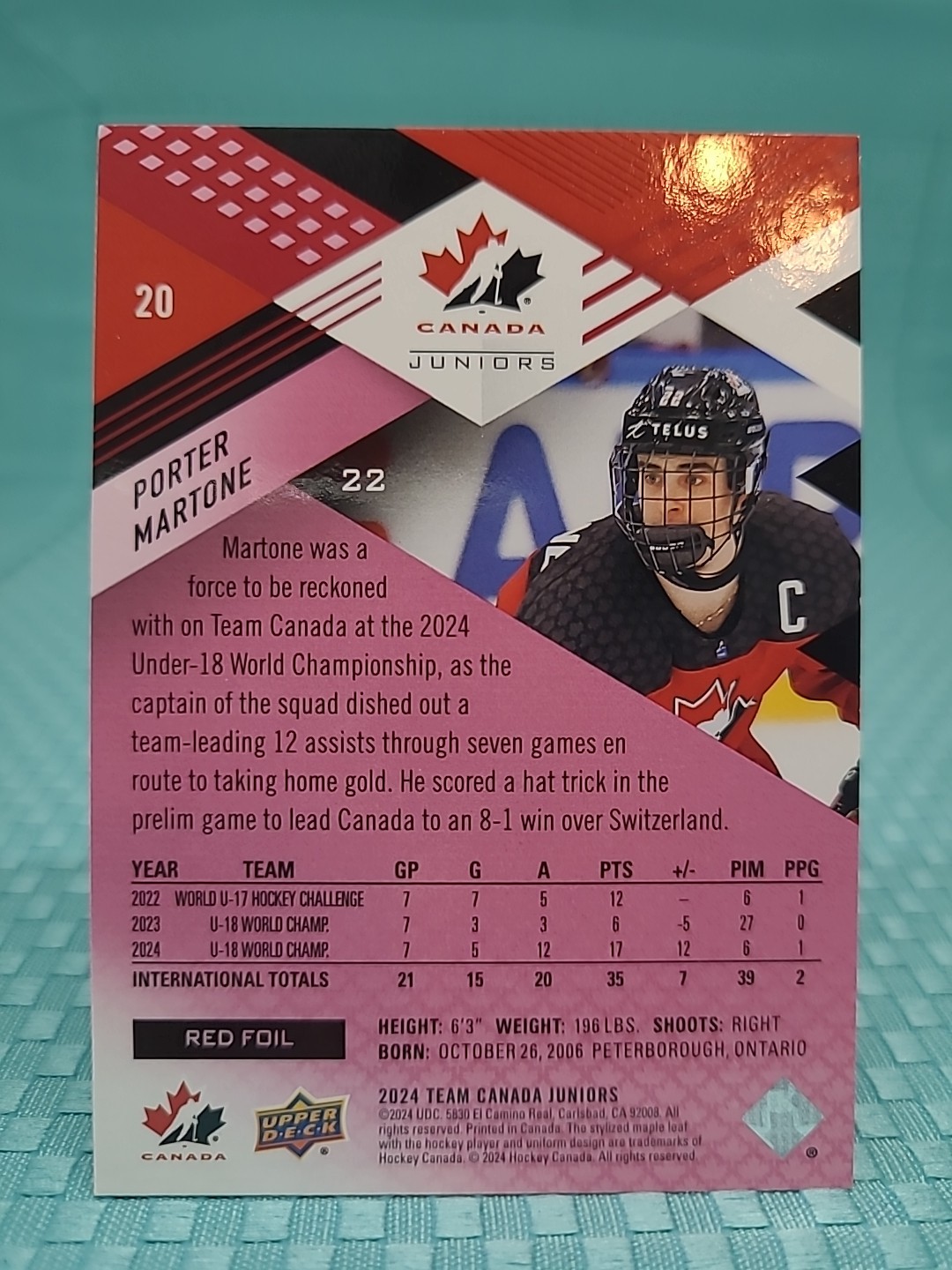 2024 Upper Deck Team Canada Juniors Porter Martone PRC #20 Red Foil Parallel
