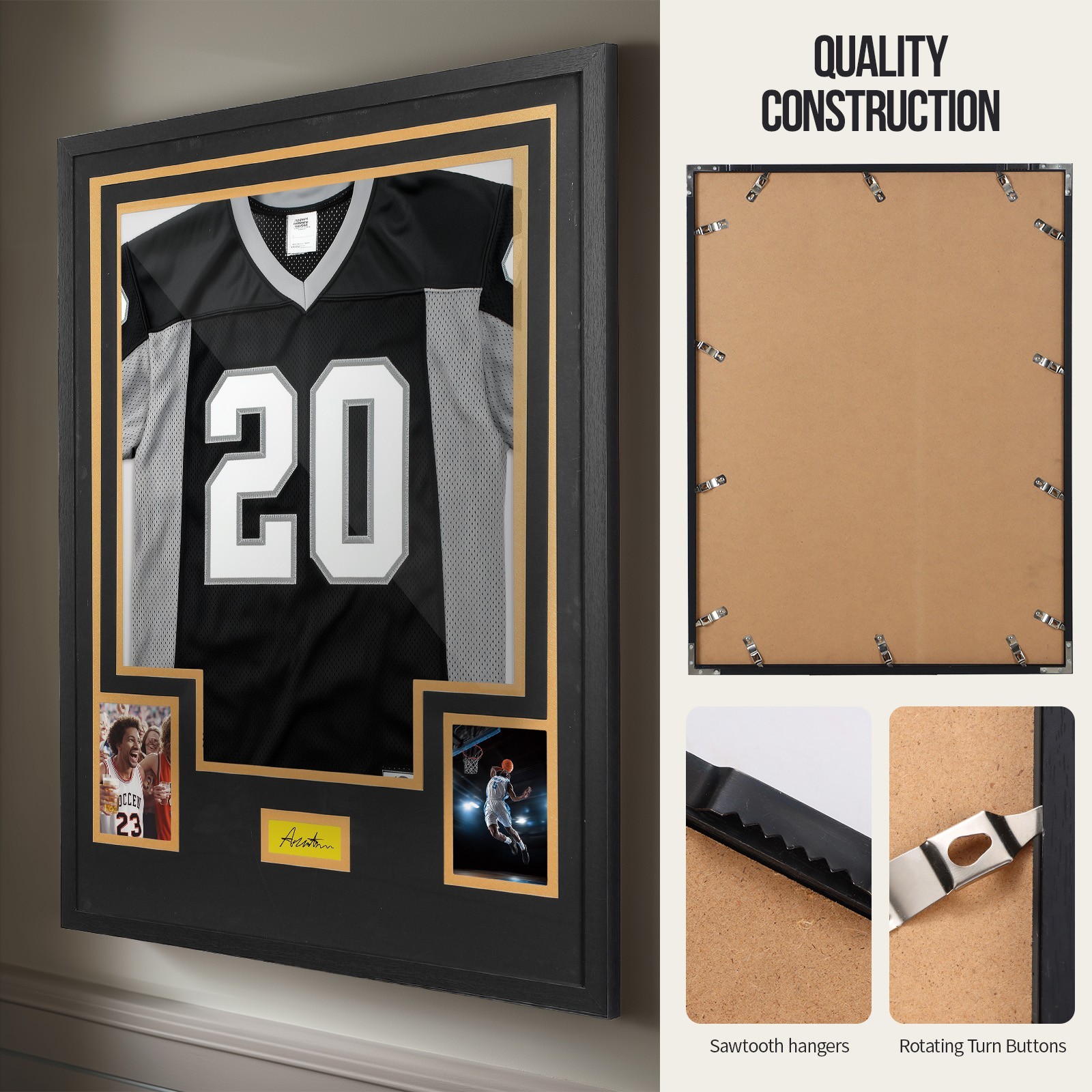 Black & Gold Jersey Display Case, Wall Mount Frame w/ Mat, Photo Slot & Hardware