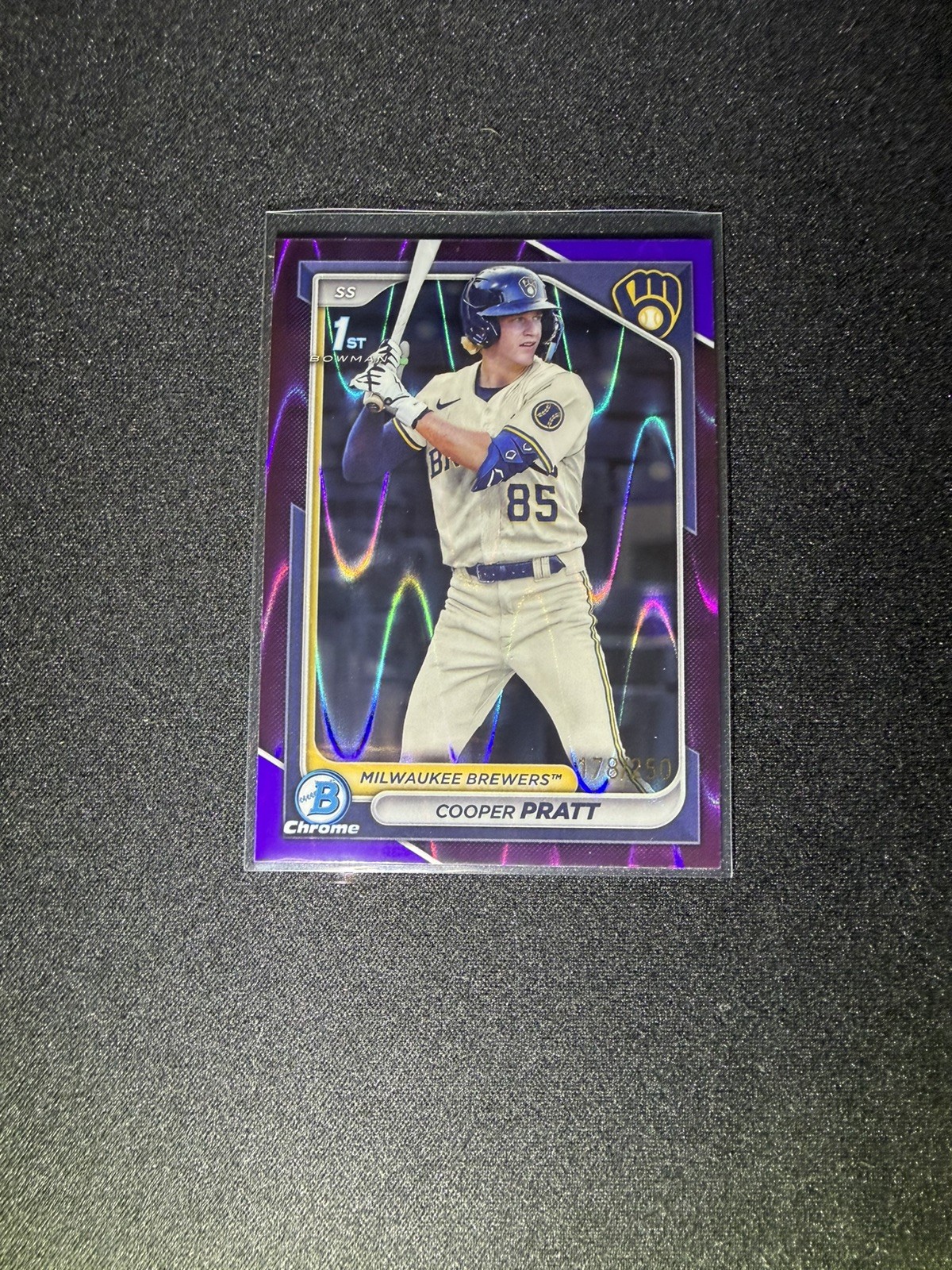 2024 Bowman Chrome Cooper Pratt Purple Raywave 1st Refractor /250 Brewers RC