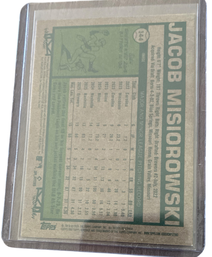 JACOB MISIOROWSKI 2026 Topps Heritage – Image Variation #144 (RC) BREWERS