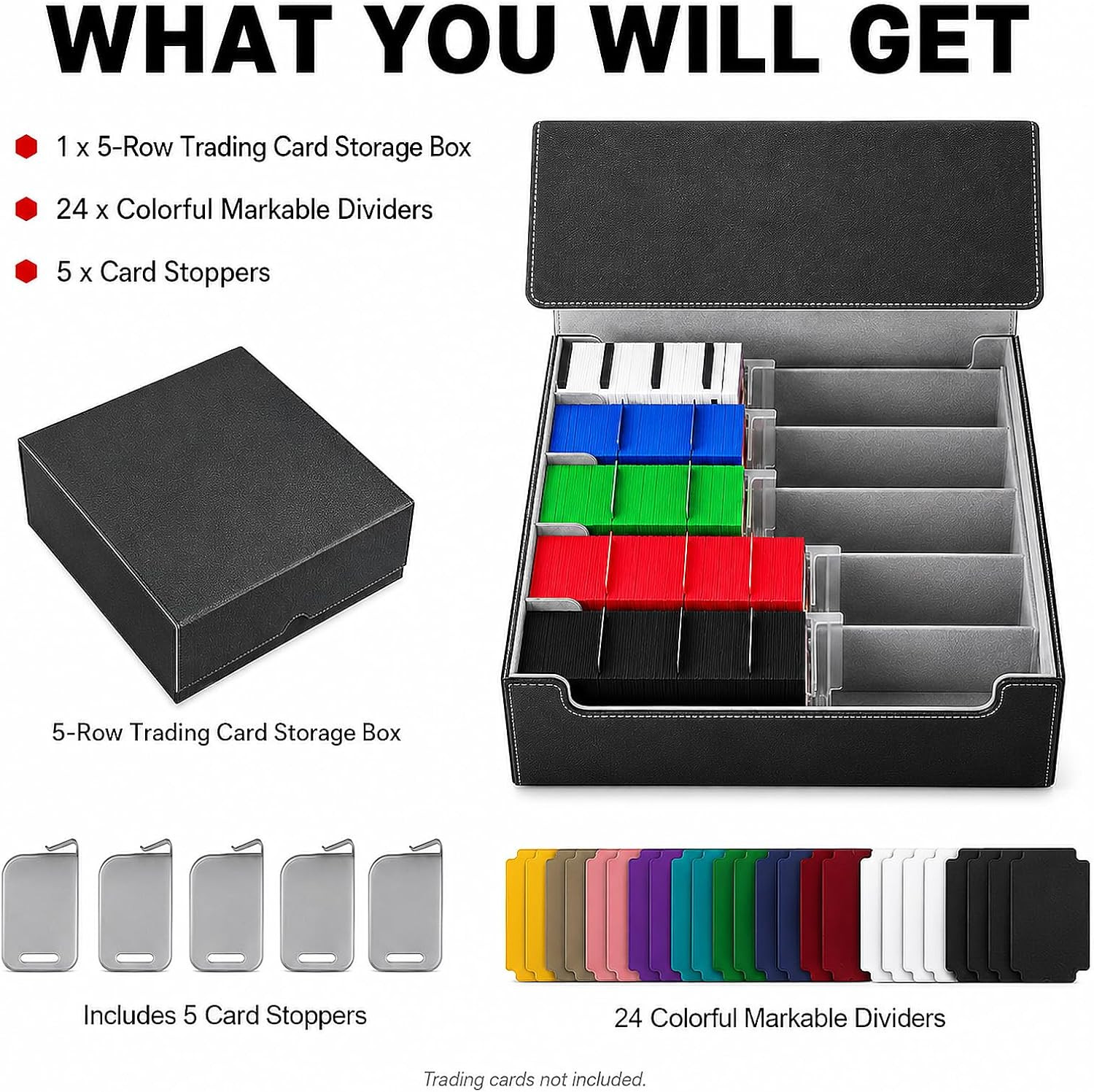 5-Row Trading Card Storage Box, Large Capacity TCG Card Organizer with 24 Colorf