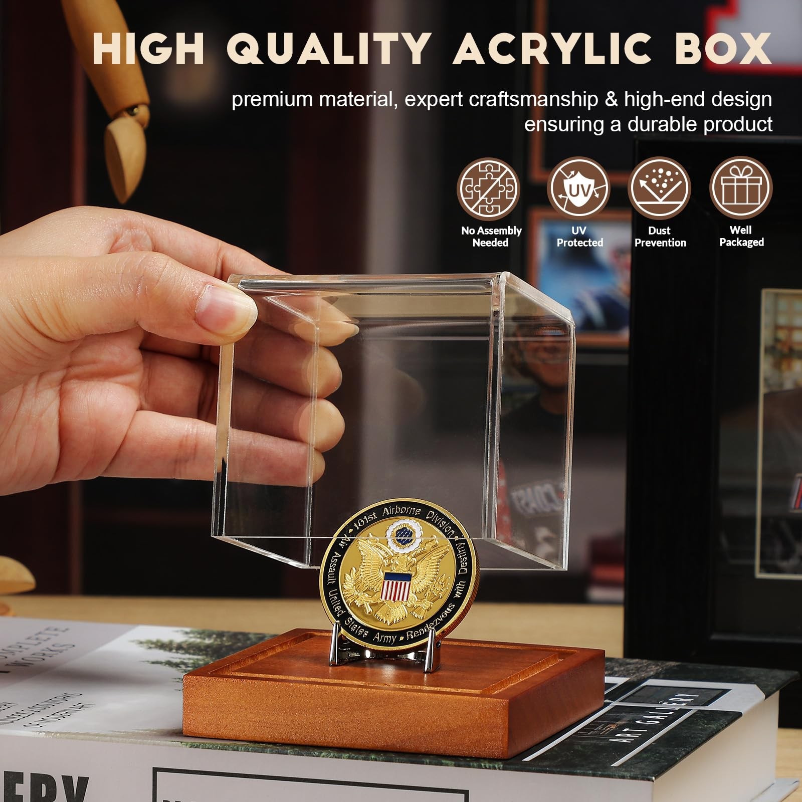 Coin Display Case, Clear Acrylic Showcase with Wood Base & Alloy Holder for S…