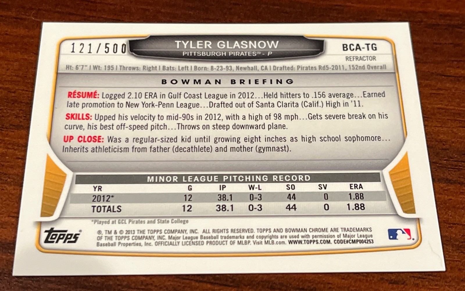 Tyler Glasnow 2013 Bowman Chrome Prospect Refractor Autographs Auto RC #’d /500