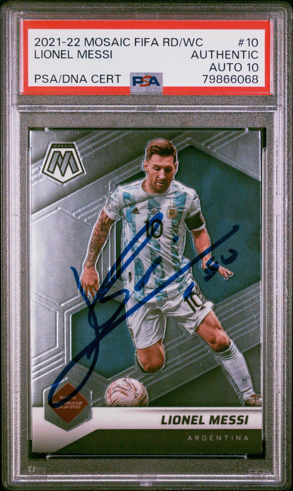 2021-22 Panini Mosaic FIFA World Cup Lionel Messi #10 PSA AUTO 10 AUTH