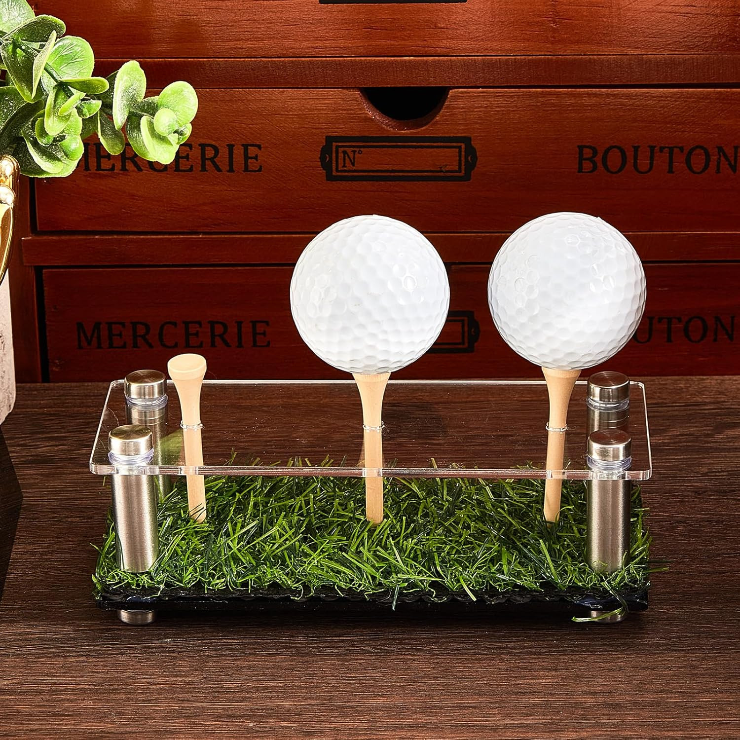 Golf Ball Display Case with Black Base and Acrylic Stand for Office Decor