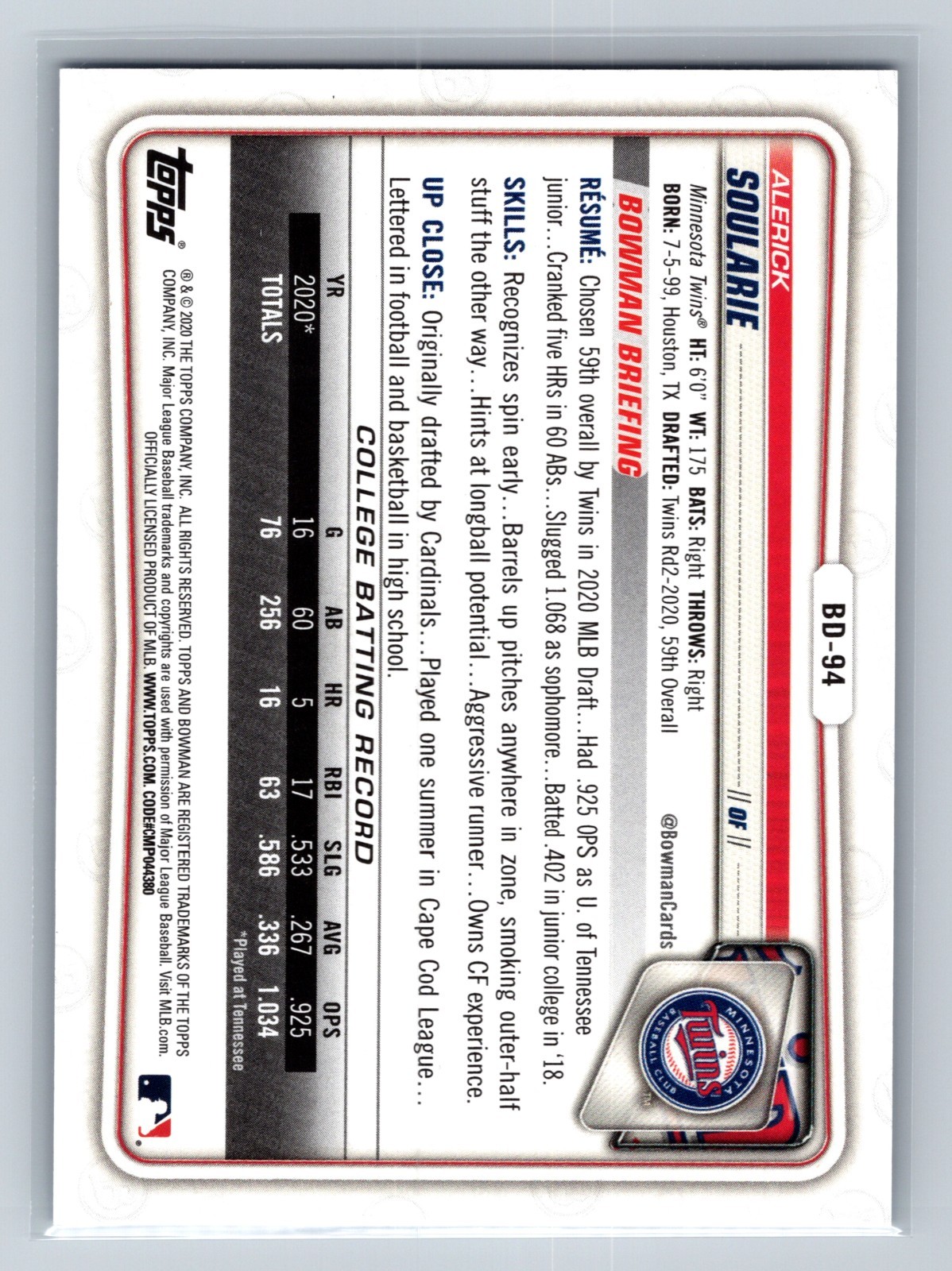 Alerick Soularie 2020 Bowman Draft 1st Edition Blue Foil /150 #BD-94 Twins