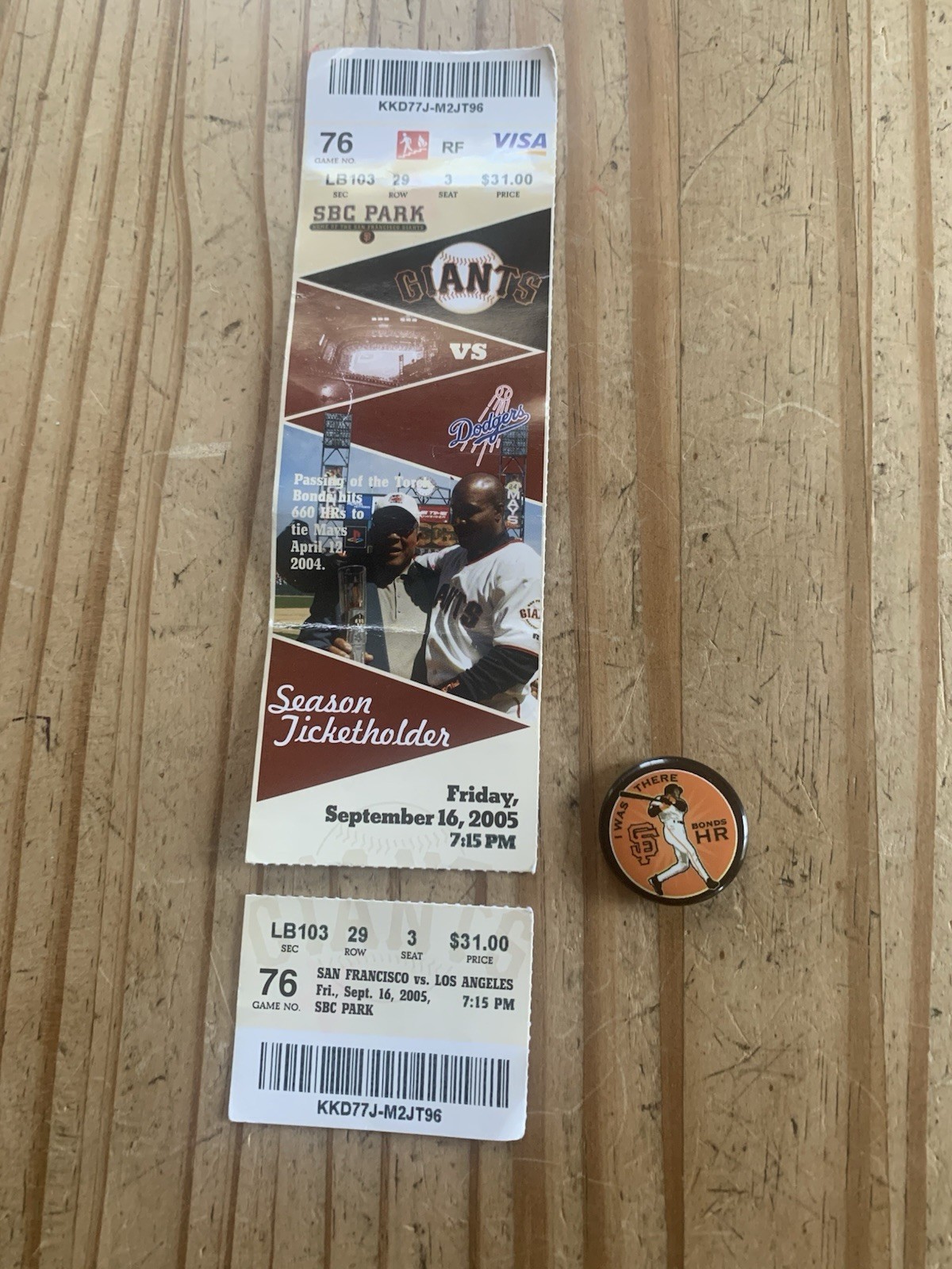 Sf Giants Bonds Home run #704 Ticket Stub With Pin