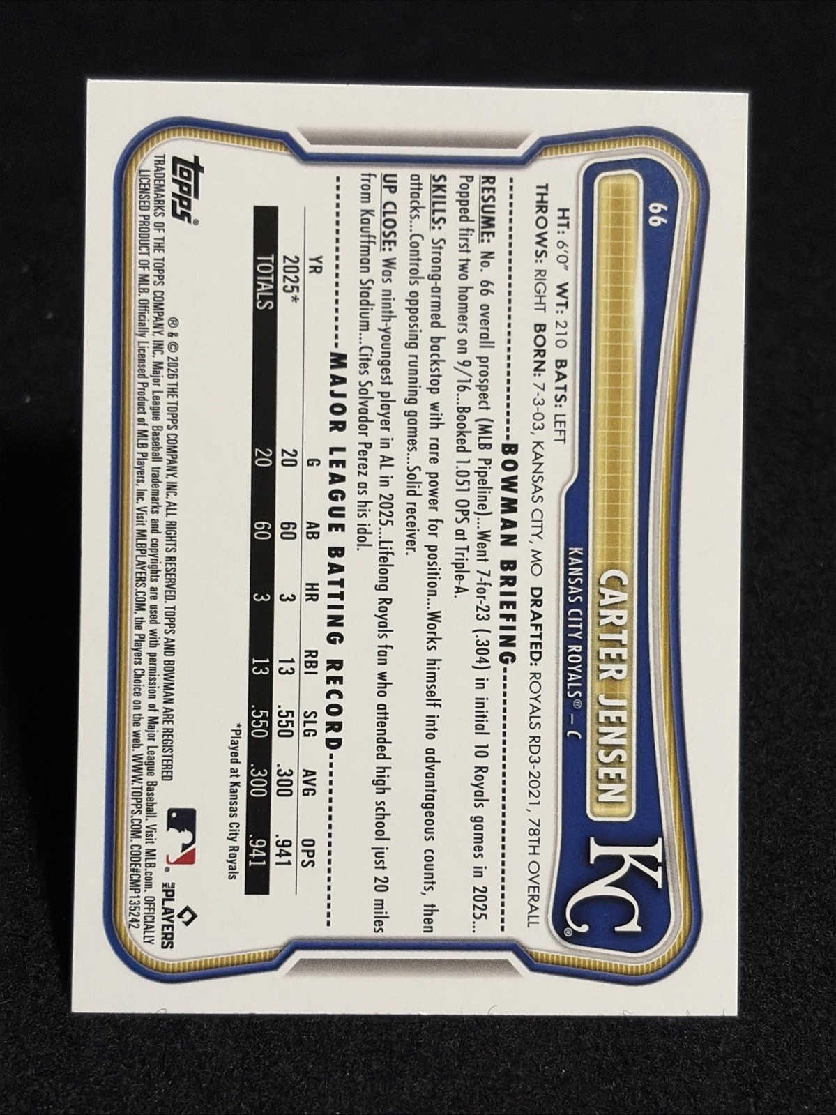 2026 Bowman Baseball paper blue – CARTER JENSEN rookie /150 – Royals