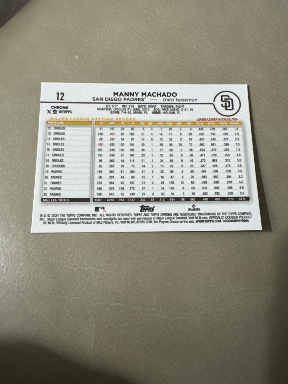 2024 Topps Chrome Base #12 Manny Machado – San Diego Padres