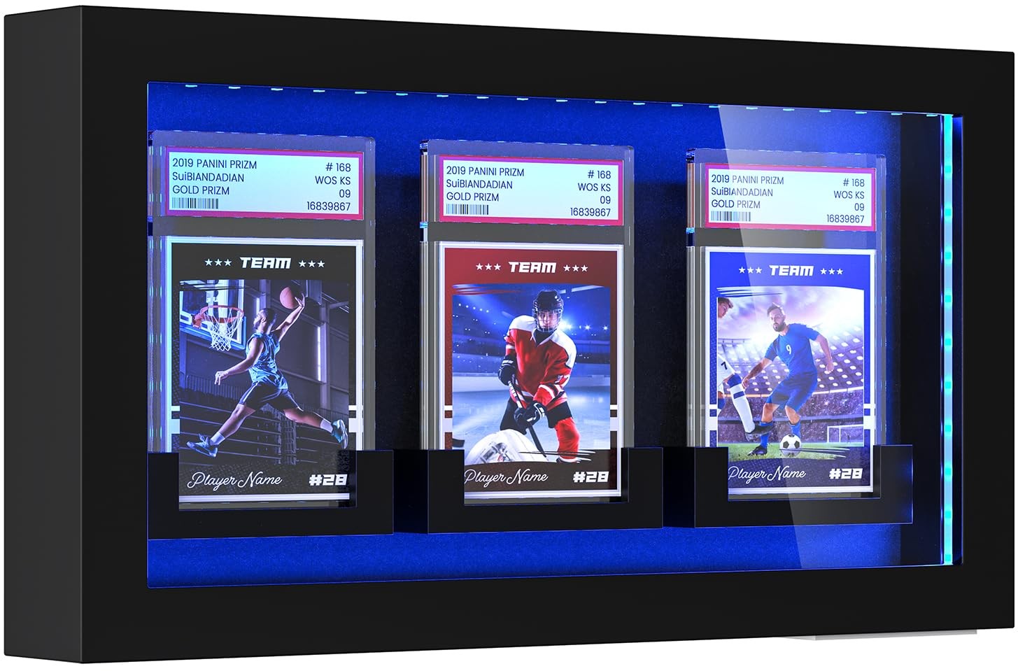 Trading Cards with LED Lighted Wall Mount 3 Graded Sport Card Display Case fo…