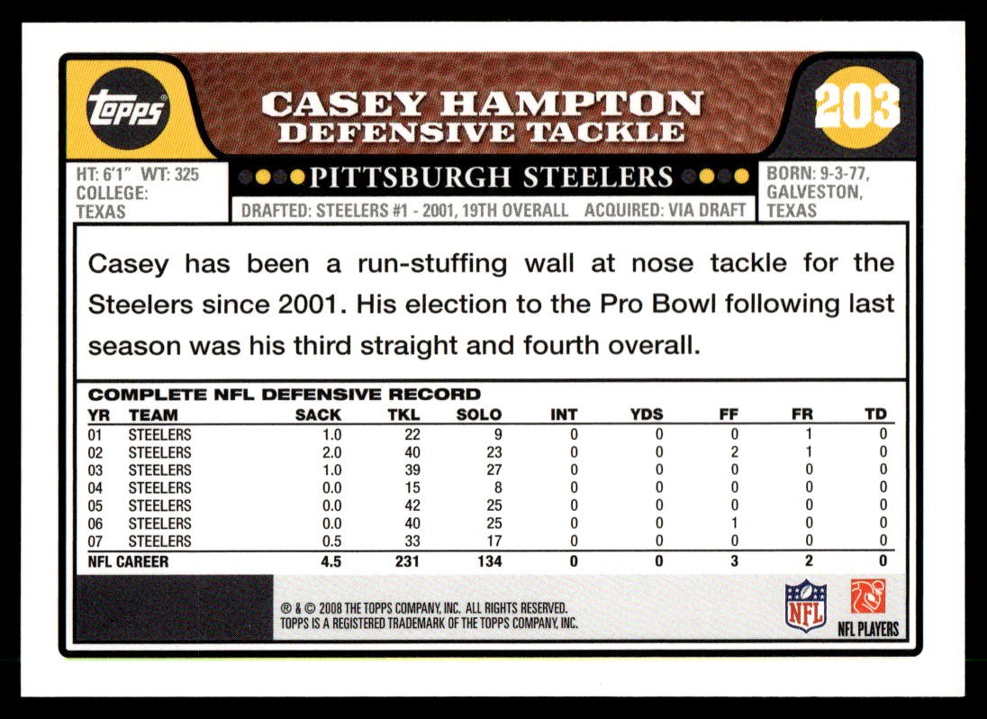 2008 Topps #203 Casey Hampton