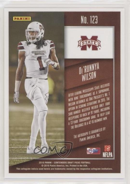 2016 Panini Contenders Draft Picks De’Runnya Wilson #123 Rookie Auto RC 2t7