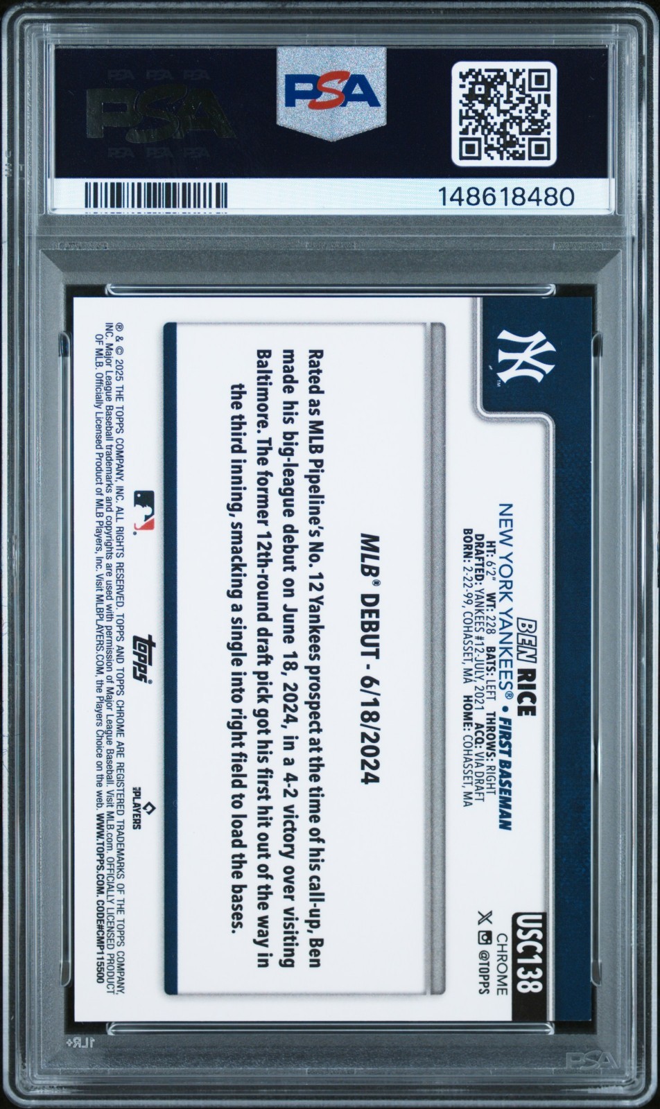 Ben Rice 2025 Topps Chrome Update Orange Geometric Refractor /25 RC Debut PSA 9