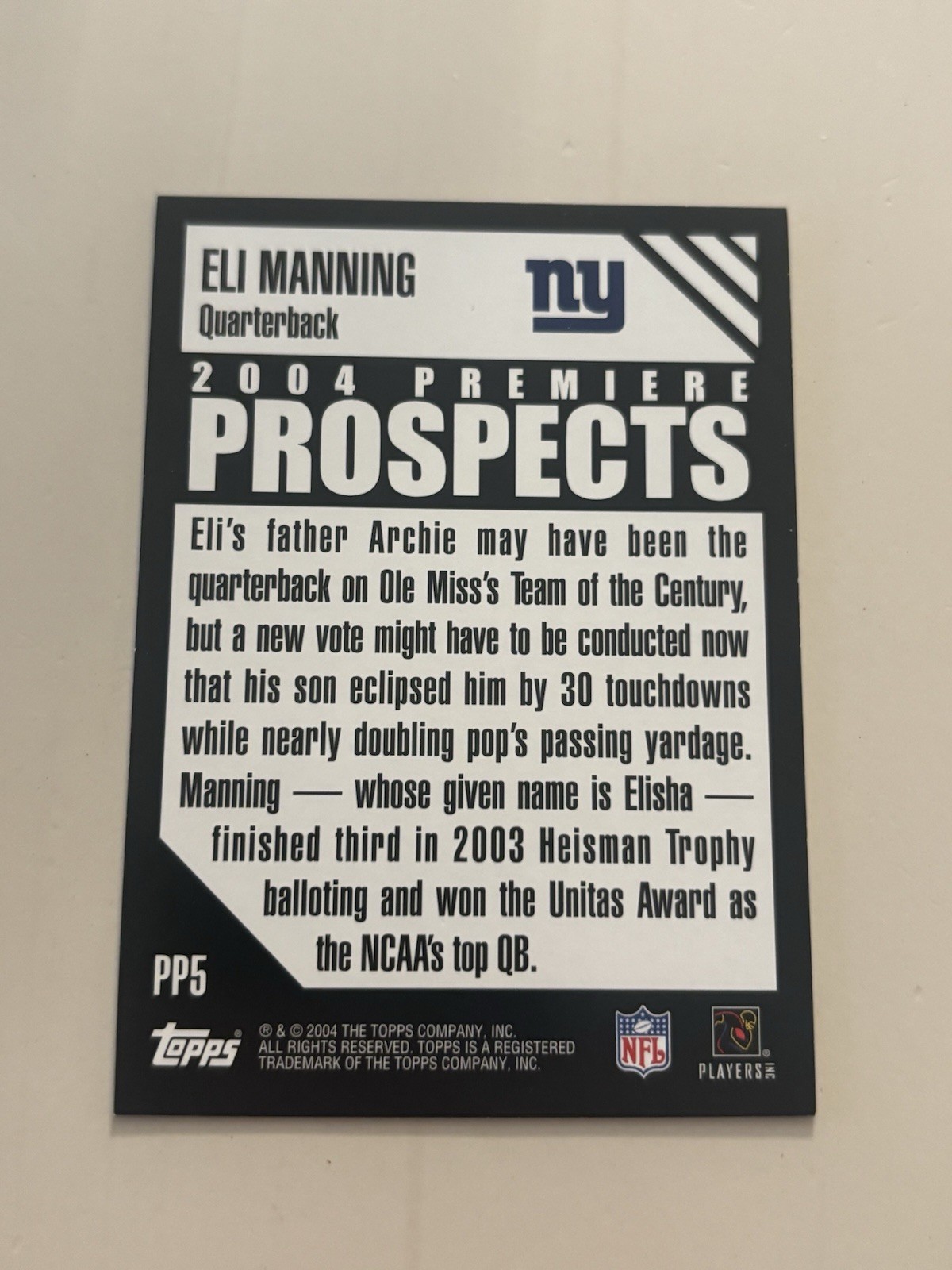2004 Topps – 2004 Premiere Prospects Eli Manning (RC) New York Giants GOAT🔥🔥🔥
