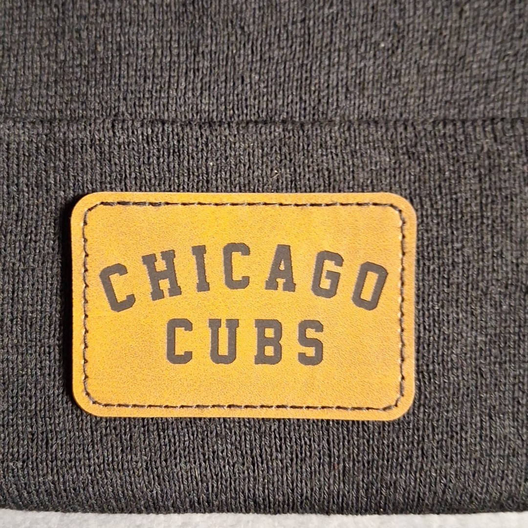 Chicago Cubs Leather Rectangle Patch Black Beanie Cap MLB