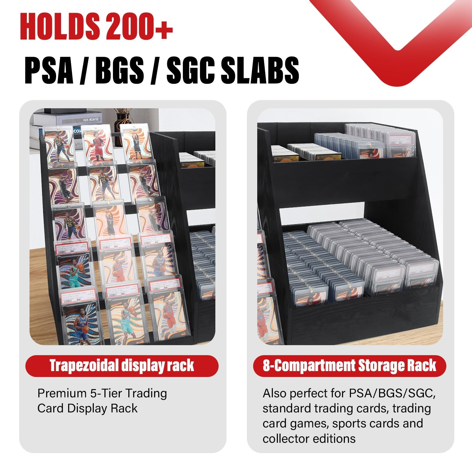Large Capacity 5-Tier Trading Card Display Stand, Holds 200+ Slabs, Wooden Stora