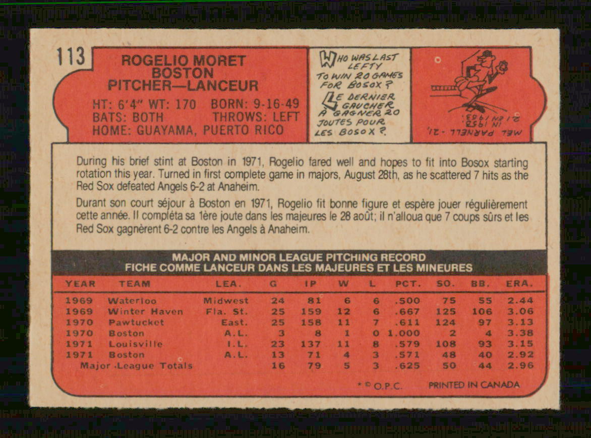 1972 OPC O-PEE-CHEE BASEBALL # 113 ROGELIO MORET 15821