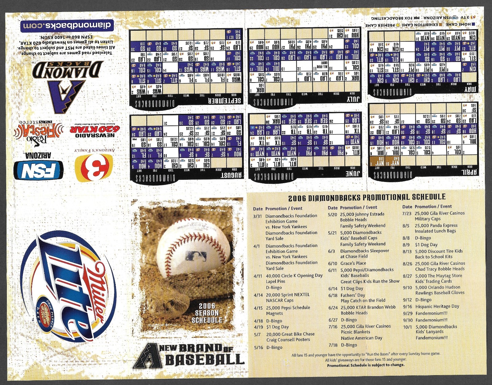 2006 ARIZONA DIAMONDBACKS Miller Lite Regular Season POCKET SCHEDULE NM-MINT