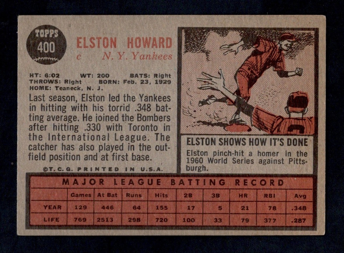 1962 Topps Baseball Card #400 Elston Howard New York Yankees VG-EX+