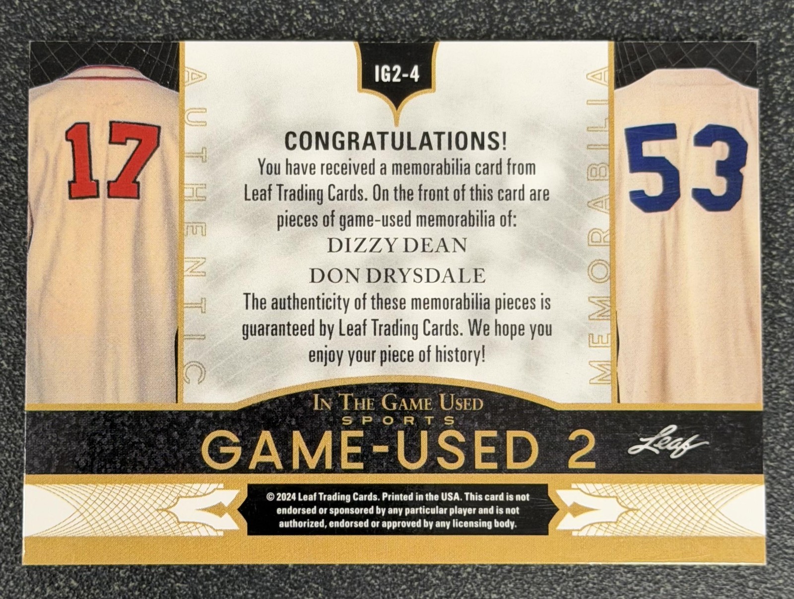 2024 Leaf In The Game Used Dizzy Dean / Don Drysdale Dual Jersey #/7