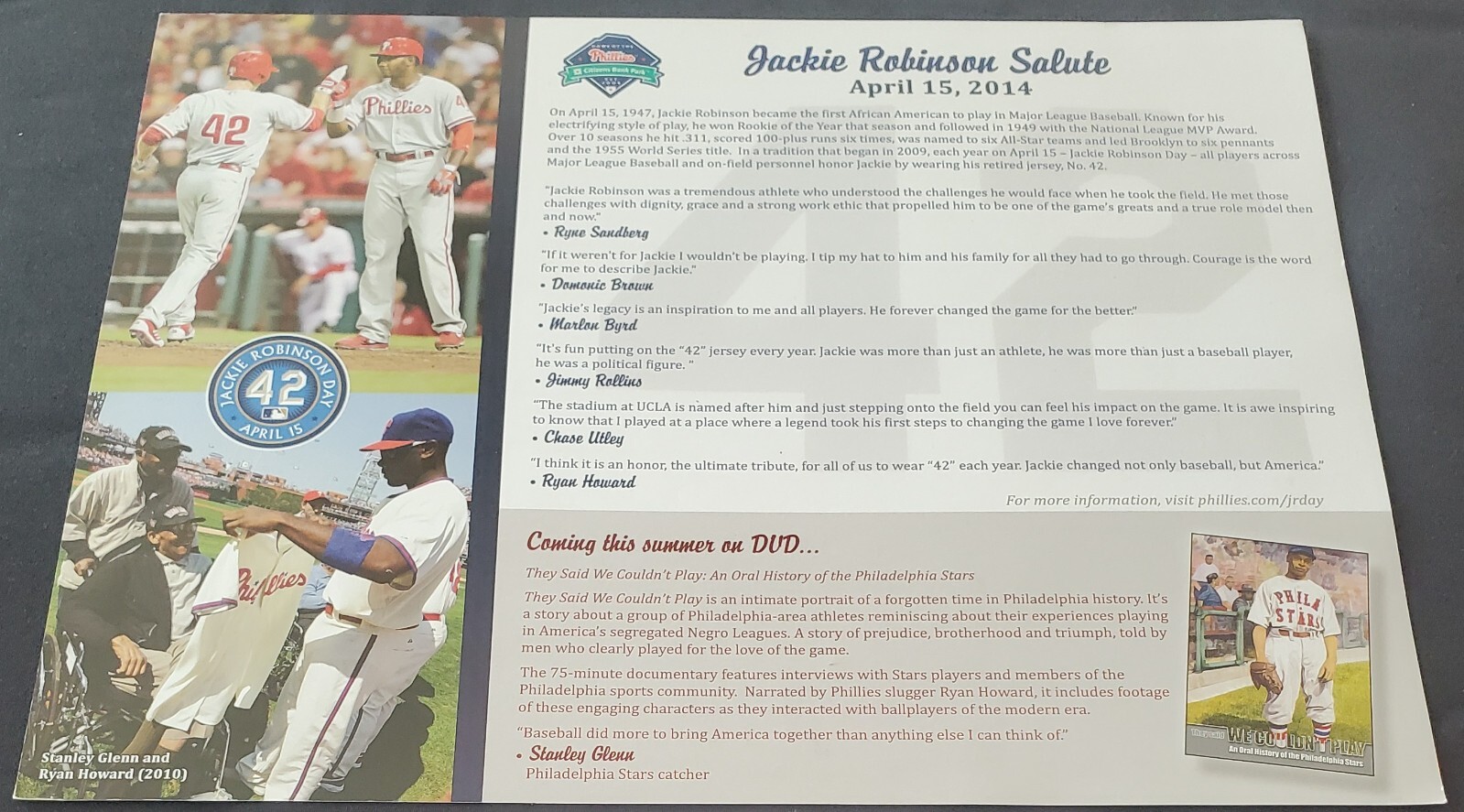 2014 Jackie Robinson Brooklyn Dodgers 8×10 Phillies MLB Commemorative Card