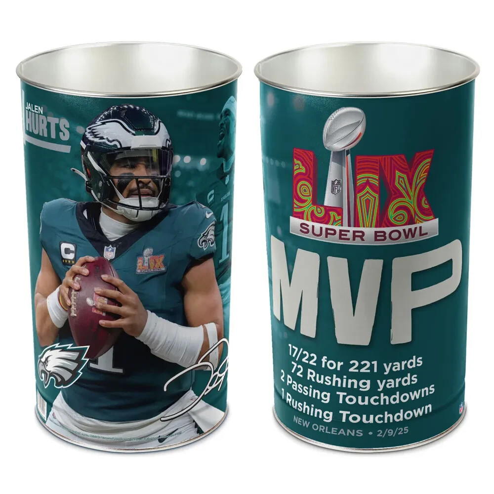 JALEN HURTS PHILADELPHIA EAGLES SUPER BOWL MVP LIX 15″X10.5″ WASTEBASKET NEW 🦅
