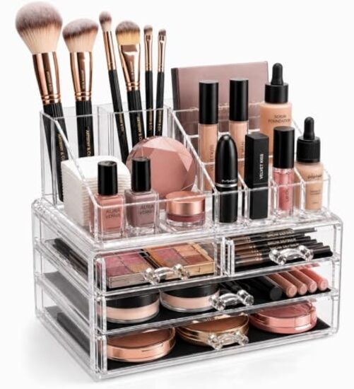 Brookstone Makeup Organizer Countertop, Cosmetic Clear 1 Pack Case with Drawers